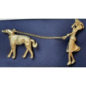 NWOT Lady Walking Dog Brooch Pin Gold Tone Chain Double Brooch Lapel Jacket Coat